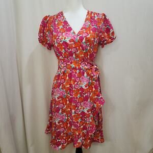 Sandy & Sid Pink Orange Ruffle Floral Flirty Wrap Dress, Size Small